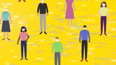 Çevresinde beyaz daireler çizen bir grup insanın, sarı arkaplan dijital kompozisyonu üzerinde yüzen Covid-19 kelimeleri üzerindeki animasyonu