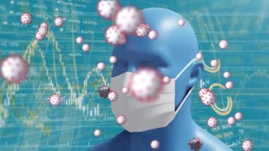 Yüzen makro Covid-19 hücrelerin animasyonu, grafikler ve istatistikler üzerinde yüz maskesi takan üç boyutlu bir insan kafası modeli. Coronavirus Covid-19 pandemik konsept dijital bileşik