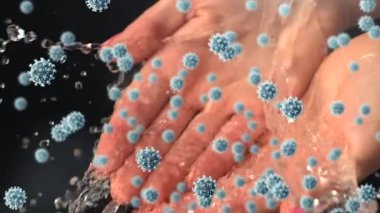Ellerine su dökülen makro Covid-19 hücrelerinin animasyonu. Coronavirus Covid-19 pandemik konsept dijital bileşik