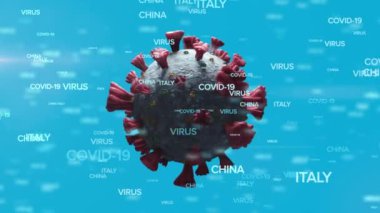 Makro Covid-19 hücresinin animasyonu. Mavi arka planda Virüs ve ülke isimleri var. Coronavirus Covid-19 pandemik konsept dijital bileşik