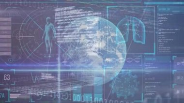 İnsan vücut istatistiklerinin animasyonu, küresel dönüşler, veri işleme, yüzen makro Covid-19 hücreleri. Coronavirus Covid-19 pandemik konsept dijital bileşik