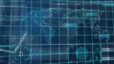 Dünya haritası üzerinde istatistikleri olan bir ızgaranın animasyonu. Coronavirus Covid-19 pandemik konsept dijital bileşik