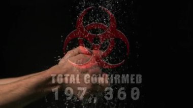 Kırmızı tehlike işaretinin canlandırılması. Ellere su dökülmesi sayısının arttığı onaylandı. Coronavirus Covid-19 pandemik konsept dijital bileşik