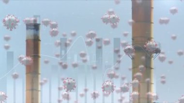 Yüzen makro Covid-19 hücrelerinin animasyonu, istatistik ve şehir manzarasının grafiği. Coronavirus Covid-19 pandemik konsept dijital bileşik