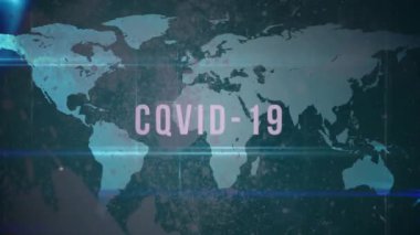 Farklı kıtalardaki insanlar arasında bağlantı ağı olan bir dünya haritasında parlayan Covid-19 kelimesinin animasyonu. Coronavirus Covid-19 pandemik konsept dijital bileşik