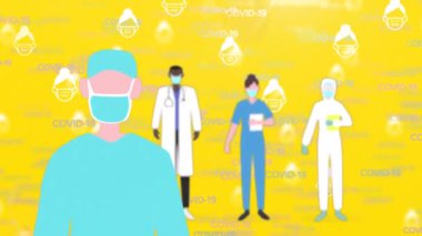 Yüz maskesi takan bir cerrahın animasyonu. Tıbbi personel, Covid-19 kelimelerinin arkasında duruyor. Ve insanlar sarı arka planda yüzen yüz maskesi simgeleri takıyor.