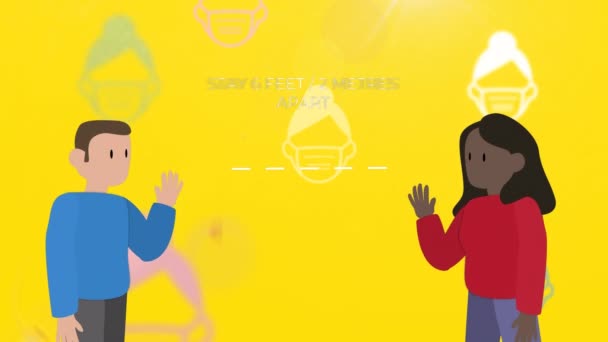 노란색 디지털 작곡에 마스크를 사람들 사이에 간격으로 흔들고 사람들의 애니메이션 — 비디오