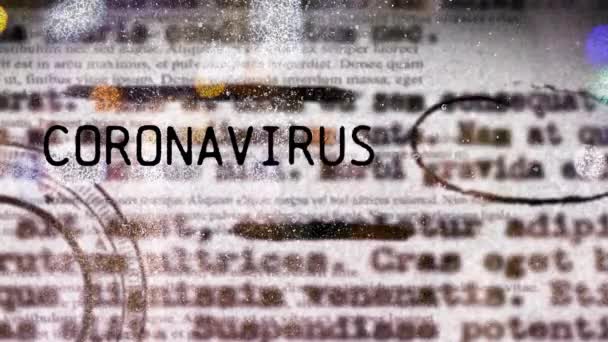 Coronavirus Komplosu Kelimelerinin Animasyonu Bir Şehir Manzarası Üzerine Gazete Sayfalarıyla — Stok video
