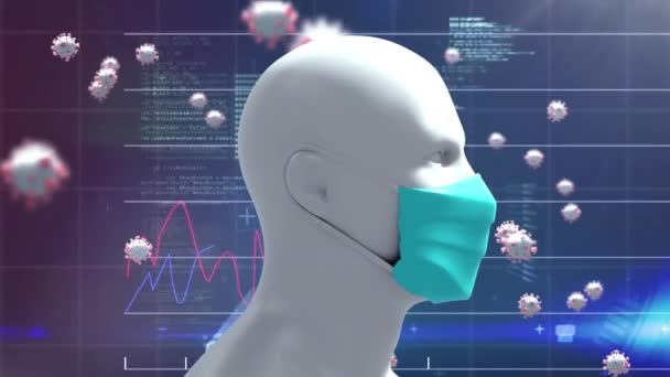 Анімація Моделі Голови Людини Макроклітини Covid Плавають Над Графами Статистикою — стокове відео