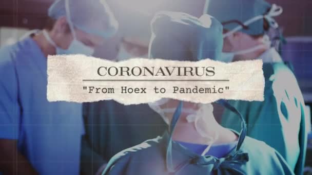 在一组做手术的外科医生上刊登报纸头条的动画 Coronavirus Covid 19大流行病概念数字组合 — 图库视频影像