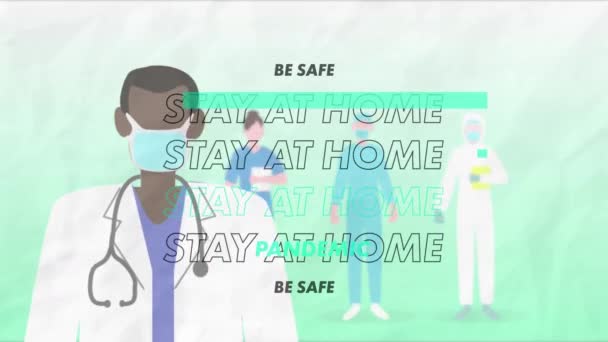 Animazione Parole Stay Home Safe Lampeggiante Sopra Medico Che Indossa — Video Stock