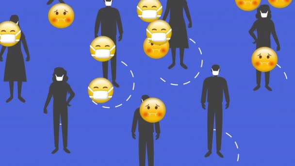 Animation Group People Silhouettes White Circles Them Emojis Floating Yellow — Stock Video