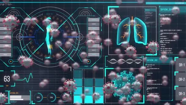 Анімація Макроклітин Covid Плавають Над Людськими Даними Тіла Статистикою Coronavirus — стокове відео