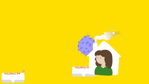 Анимация Человека Сидящего Дома Макро Коронавирусом Covid Клетки Плавающие Словами — стоковое видео