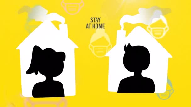 Animace Siluet Zůstávajících Doma Cedulí Zůstaňte Doma Nad Lidmi Obličejových — Stock video