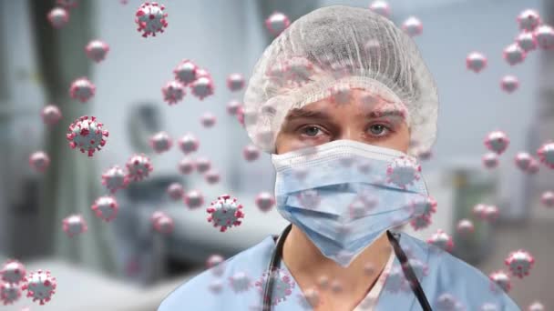 Animering Makro Covid Celler Flyter Över Kaukasiska Kvinnliga Läkare Bär — Stockvideo