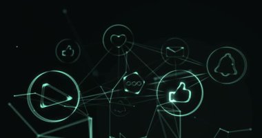 Siyah arkaplan üzerinde hareket eden dijital simgelerle ışık bağlantıları arayüzü ağının animasyonu, dijital olarak oluşturulan dijital küresel ağ konsepti.