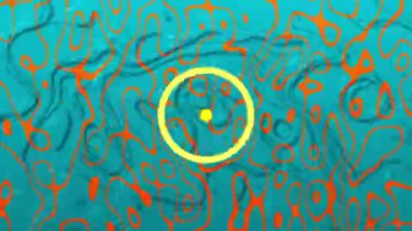 Sarı dairelerin dönmesi, turuncu ve mavi sıvı arka planda şekiller oluşması. Bilgisayar oyunu ekran dijital arayüz konsepti dijital bileşimi