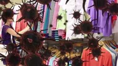 Makro Covid-19 hücrelerinin animasyonu. Beyaz kadın alışverişi yapıyor, kıyafetlere bakıyor. Coronavirus Covid-19 pandemik konsept dijital bileşik