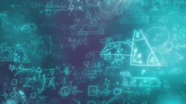 Arka planda ızgarada hareket eden matematiksel formüllerin animasyonu. Bilim ve araştırma konsepti dijital olarak oluşturuldu.