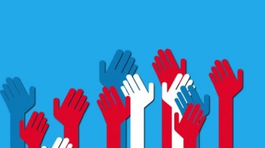 Mavi arka planda yükselen kırmızı, beyaz ve mavi elli kelime seçimleri. Amerika Birleşik Devletleri Başkanlık seçimi demokrasi tatil konsepti dijital kompozisyon