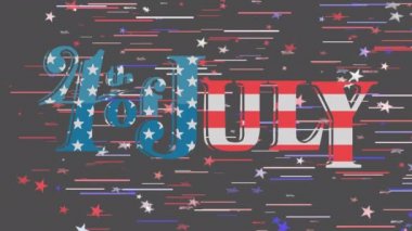 Kelimelerin animasyonu 4 Temmuz, beyaz, kırmızı ve mavi yıldızlar ve siyah arka planda yüzen çizgiler. Amerika Birleşik Devletleri Başkanlık seçimi demokrasi tatil konsepti dijital kompozisyon
