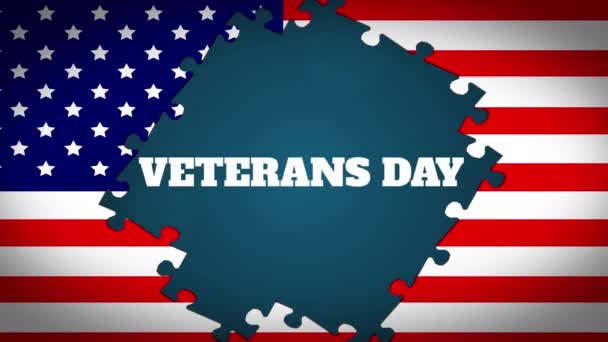 Animation American Flag Formed Puzzle Pieces Revealing Word Veterans Day — Stock Video