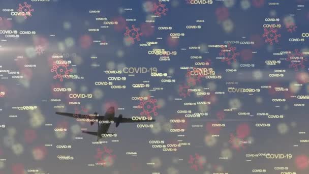 Animação Palavras Covid Macro Ícones Células Covid Flutuando Sobre Avião — Vídeo de Stock