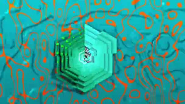 蓝色多面体的动画出现在橙色和蓝色的液体背景上 电子游戏屏幕数码界面概念数码构图 — 图库视频影像