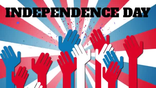 独立日 红白蓝三色的手高举在红白蓝三色条纹之上 美利坚合众国总统选举民主假日概念数字作文 — 图库视频影像