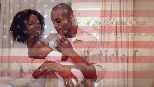 Animation Constitution Floating Flag Mixed Race Couple Feeding Baby United — Stock Video