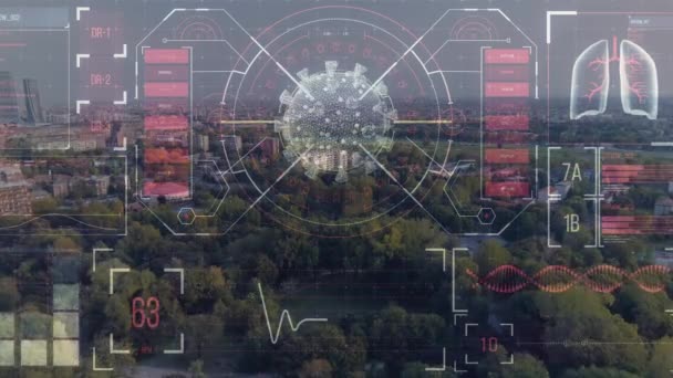 스캐닝 애니메이션 매크로 통계와 데이터 코로나 바이러스 Covid 전염병 컨셉트 — 비디오