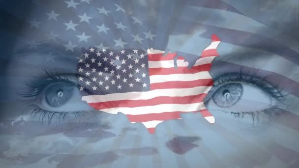 Kafkas Bayrağının Üzerinde Amerikan Bayrağı Sallanan Bir Amerikan Haritasının Animasyonu — Stok video
