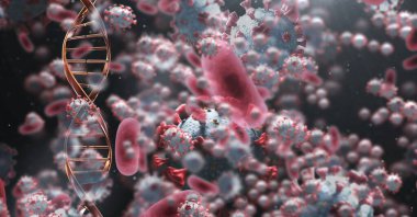 Siyah zemin üzerinde DNA gerilimi olan makro Covid-19 hücrelerinin dijital çizimi. Coronavirus Covid-19 pandemik konsept dijital bileşik