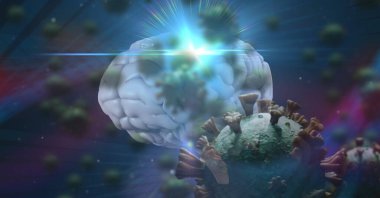 Parlak bir beynin üzerinde süzülen makro Covid-19 hücrelerinin dijital çizimi. Coronavirus Covid-19 pandemik konsept dijital bileşik