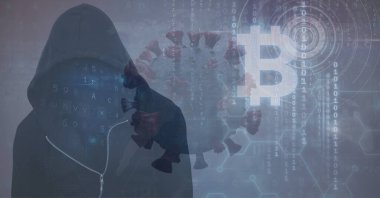 Kapüşonlu ve siyah maskeli bir adamın üzerinde veri işleme ve Bitcoin simgesi olan makro Covid-19 hücresinin dijital çizimi. Coronavirus Covid-19 pandemik konsept dijital bileşik
