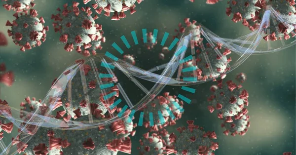 배경에 Dna 매크로 Covid 세포가 포함된 파란색 아이콘의 디지털 코로나 — 스톡 사진