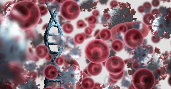 Ψηφιακή Απεικόνιση Των Μακροκυττάρων Covid Που Επιπλέουν Ένα Στέλεχος Dna — Φωτογραφία Αρχείου