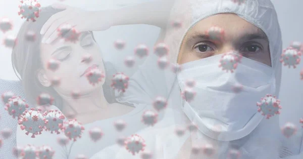 Ψηφιακή Απεικόνιση Των Μακροσκοπικών Κυττάρων Covid Που Επιπλέουν Ένα Γιατρό — Φωτογραφία Αρχείου