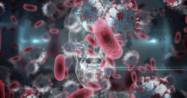 ホワイト3D人体スカルモデルに浮かぶマクロCovid 19細胞のデジタルイラスト コロナウイルスCovid 19パンデミックコンセプトデジタル複合体 — ストック写真