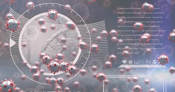 Cyfrowa Ilustracja Makrokomórek Covid Pływających Statystykami Przetwarzaniem Danych Nad Szczepem — Zdjęcie stockowe