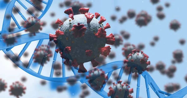 파란색 배경에 Dna 떠다니는 매크로 Covid 세포의 디지털 코로나 바이러스 — 스톡 사진