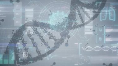 Moleküllerden oluşan bir DNA türü üzerinde insan vücudu hakkında dijital veri ve istatistikler. Coronavirus Covid-19 pandemik konsept dijital bileşik
