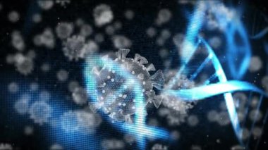 Siyah arkaplanda dönen DNA türleriyle birlikte yüzen makro Covid-19 hücrelerinin dijital çizimi. Coronavirus Covid-19 pandemik konsept dijital bileşik