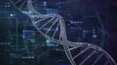 Yüzen matematiksel denklemlerin dijital çizimi, bir DNA türünün üzerinde dönen makro Covid-19 hücresi. Coronavirus Covid-19 pandemik konsept dijital bileşik