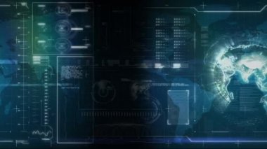 Küresel dönüşün animasyonu, veri işleme ve dijital bilginin mavi arkaplandaki ekranlar ağından akışı. Dijital olarak oluşturulan küresel ağ ve veri işleme kavramı.