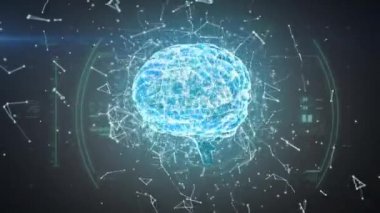 Gri arkaplan üzerinde dönen, veri ve istatistikler gibi bağlantı ağlarıyla yüzen makro Covid-19 hücrelerinin dijital çizimi. Coronavirus Covid-19 pandemik konsept dijital bileşik