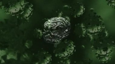 Yeşil arka planda dönen üç boyutlu beyin modeliyle birlikte yüzen makro Covid-19 hücrelerinin dijital çizimi. Coronavirus Covid-19 pandemik konsept dijital bileşik