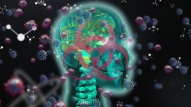 3D insan kafası üzerinde dönen makro Covid-19 hücre ve moleküllerinin dijital çizimi. Coronavirus Covid-19 pandemik konsept dijital bileşik