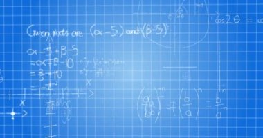Matematiksel formüllerin animasyonu, veri işleme ve mavi arkaplanda akan dijital bilgi. Küresel ağ, bilim ve veri işleme kavramı dijital olarak oluşturulmuş görüntü.